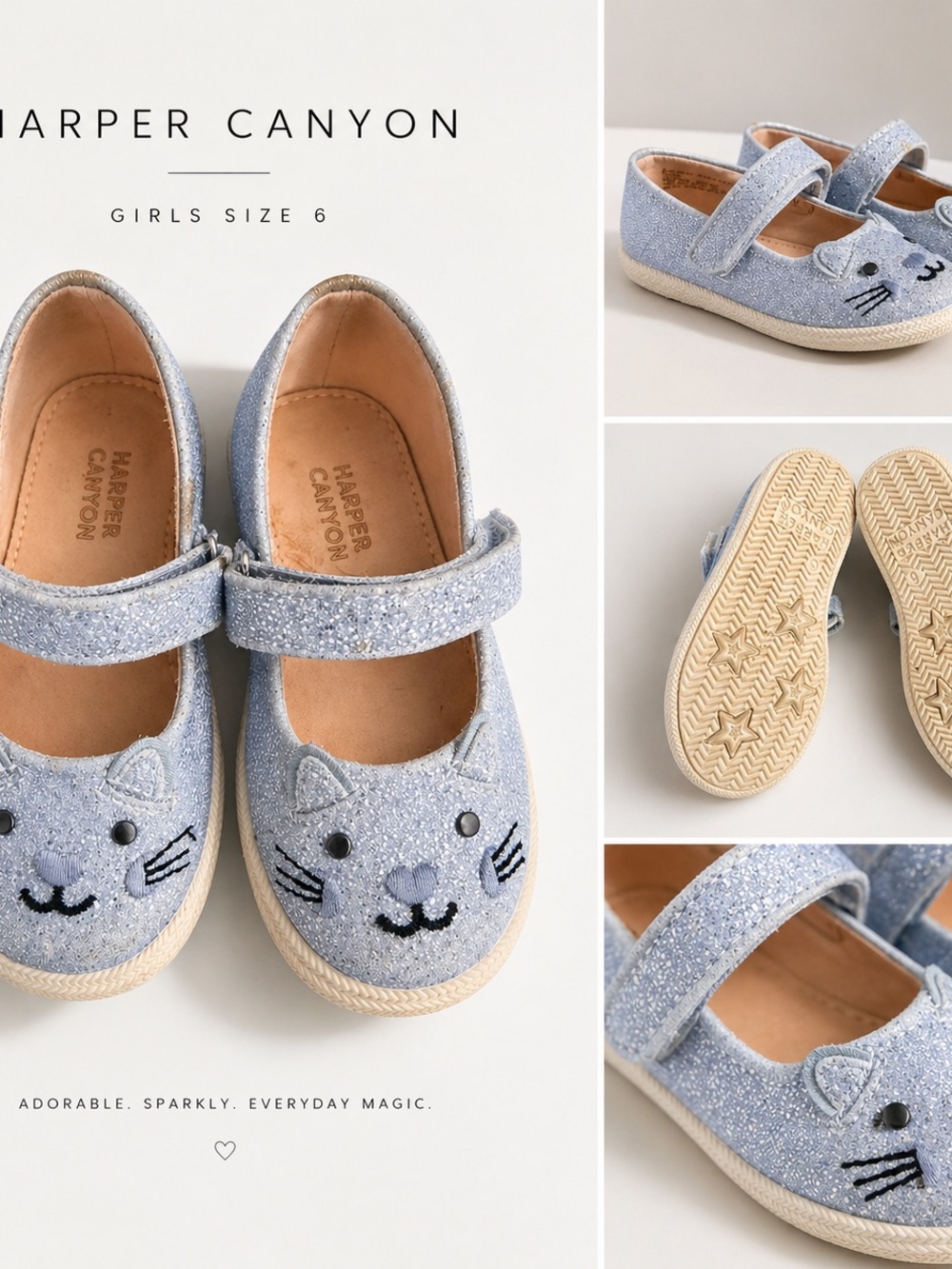 Harper Canyon Girls' Sparkle Cat Mary Janes - Light Blue Glitter